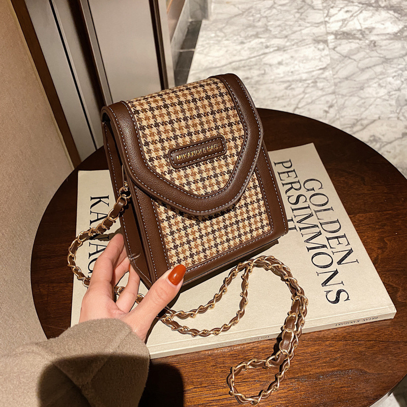 Slanted Chain Thousand Bird Grid Small Bag Han Version Of The Woman Bag One-Shoulder Mobile Phone Bag Makeup Bag Net Red Tide Bag