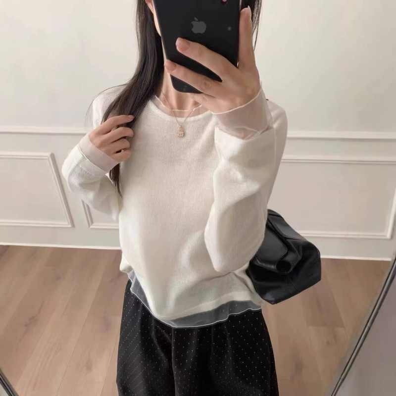 Fine Wool Is Great for Your Skin! Korean Mesh Patchwork Versatile Thin Long-Sleeve Knit Base Shirt for Women, Autumn/Winter 2025