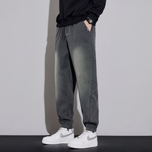 男士牛仔裤秋冬款2025新款宽松束脚冬季青少年抽绳运动哈伦长裤子