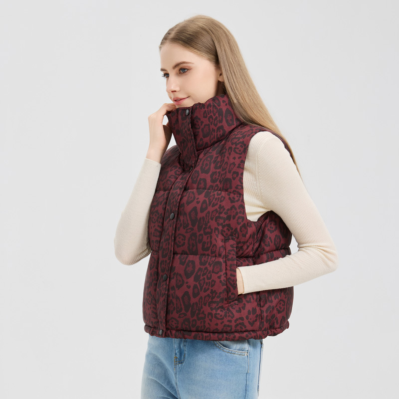 Algodón chaleco de mujer 2025 otoño y invierno estilo europeo y americano estampado leopardo grueso corto chaleco de algodón sin mangas chaqueta de hombro de algodón image 8