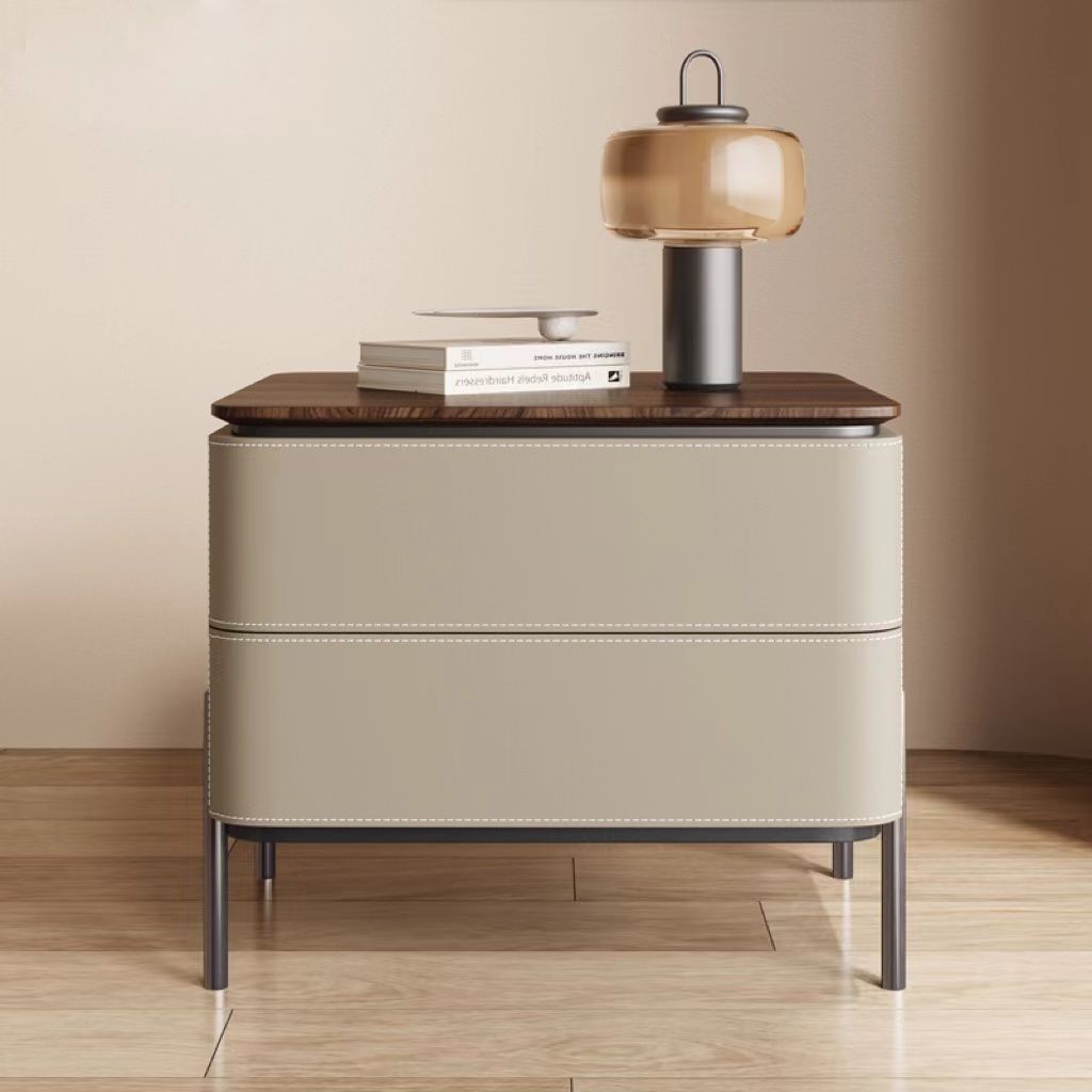 Saddle Leather All Solid Wood Italian Simple Modern Bedside Table High-End Creative Bedroom Home Bedside Storage Cabinet