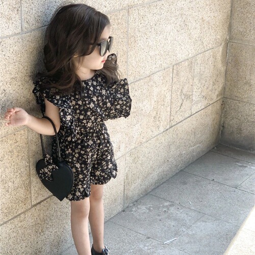 Korean Children's Set for Girls 2024 Summer Fashion Black Floral Short Sleeve Blouse and Shorts Two-Piece Set