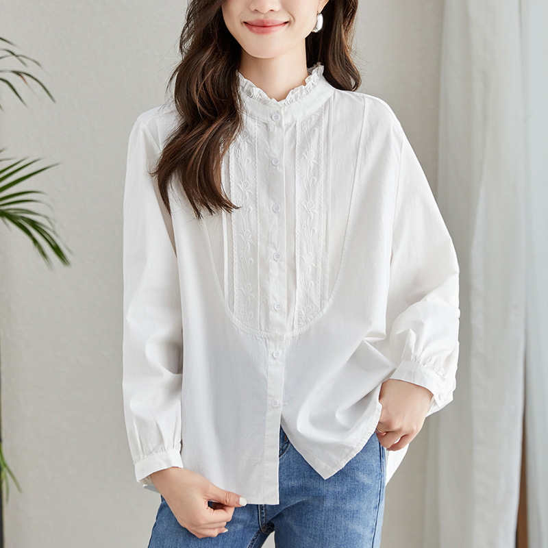 Direct Sale from the Manufacturer: French-Style Sweet Long-Sleeve White Shirt with Ruffled Edges and Small Stand Collar, New Autumn 2026 Model