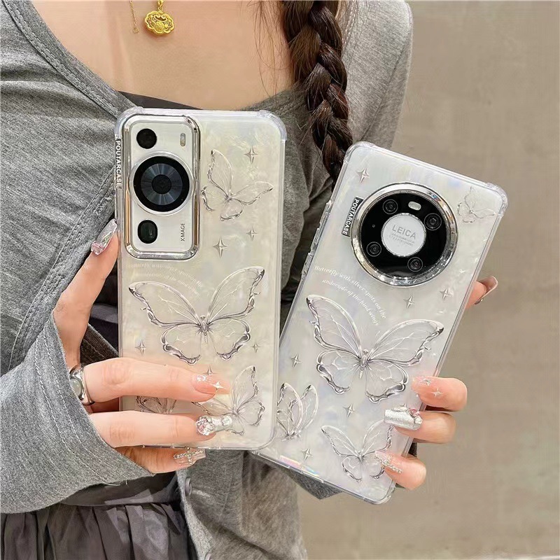 夢幻貝殼紋蝴蝶華為Mate60Pro背夾斜跨適用mate40/50手機殼P60P女