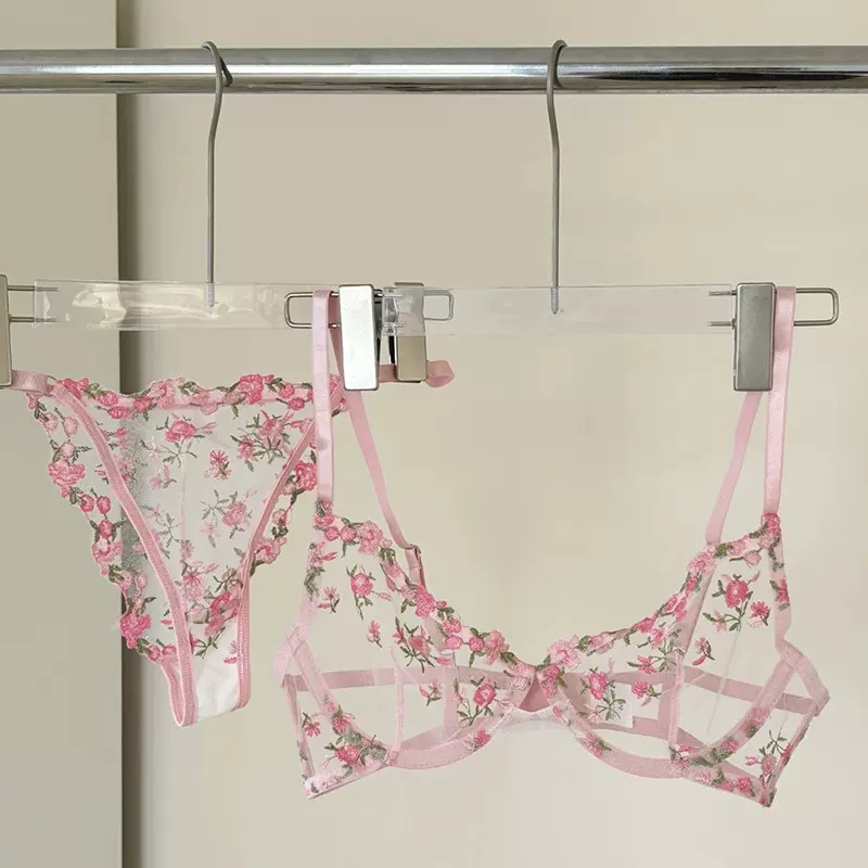 法式刺绣内衣女小胸聚拢性感甜美碎花超薄纯欲网纱文胸套装2025夏