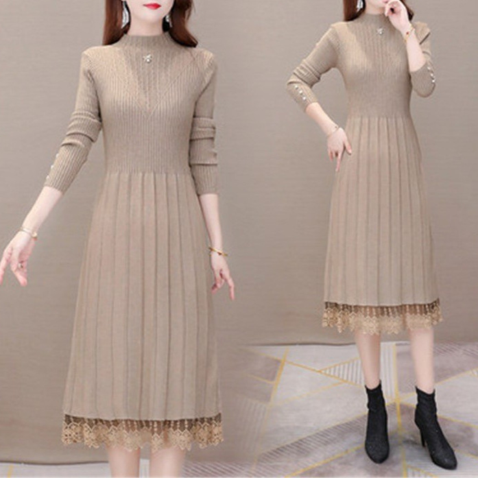 2026 Spring New Over-The-Knee Dress for Women, Long Thickened Slimming Long-Sleeve Knitted Sweater Dress for Women