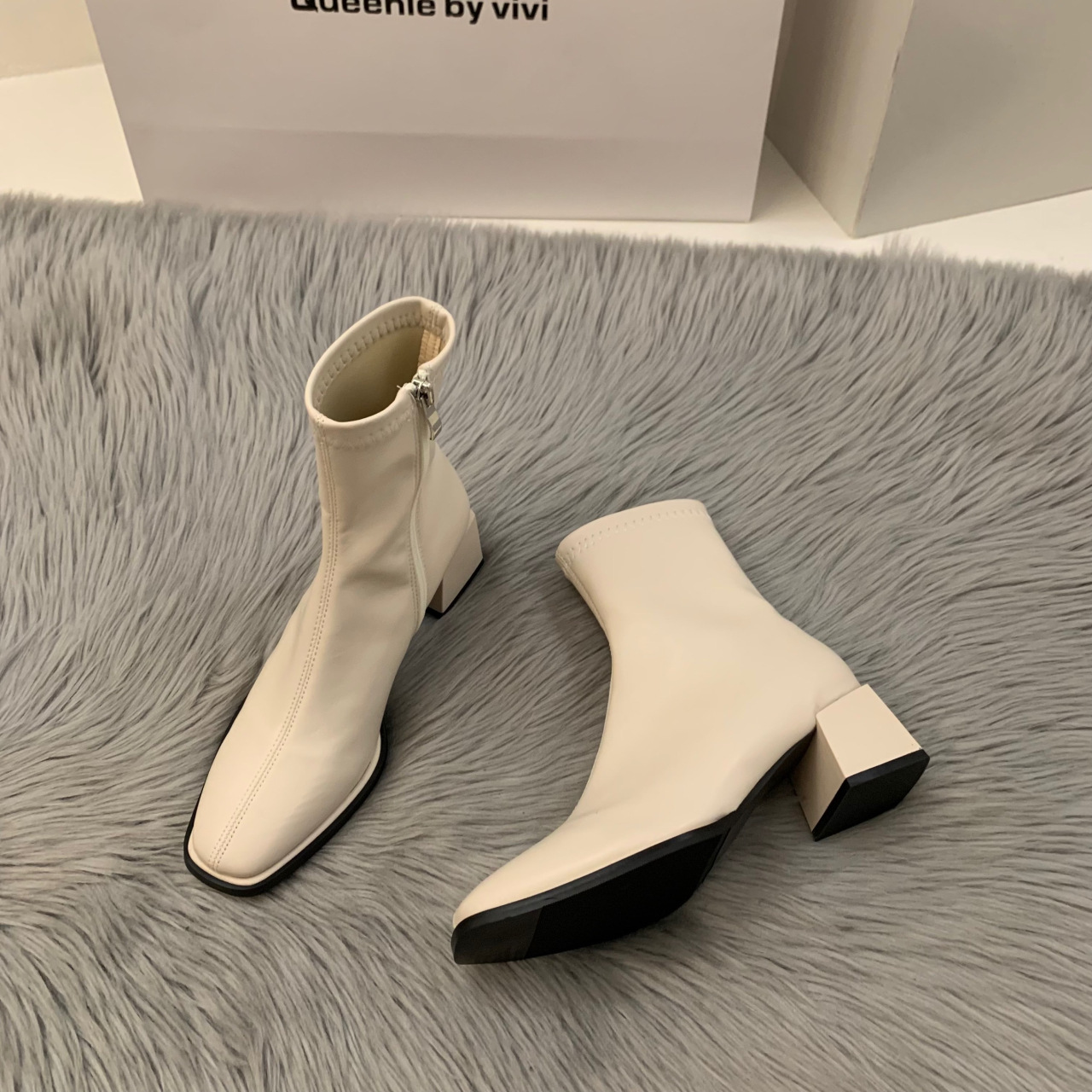 ShoeVault High Heel White Martin Short French Style Ankle Spring Summer Fleece-Lined New Slim Women's Boots_vogvips.com