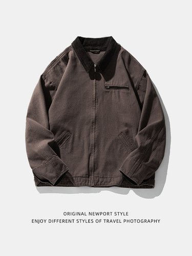 Vintage distressed washed Detroit jacket—spring new arrival, Japanese-style loose-fit corduroy patchwork lapel coat Q.