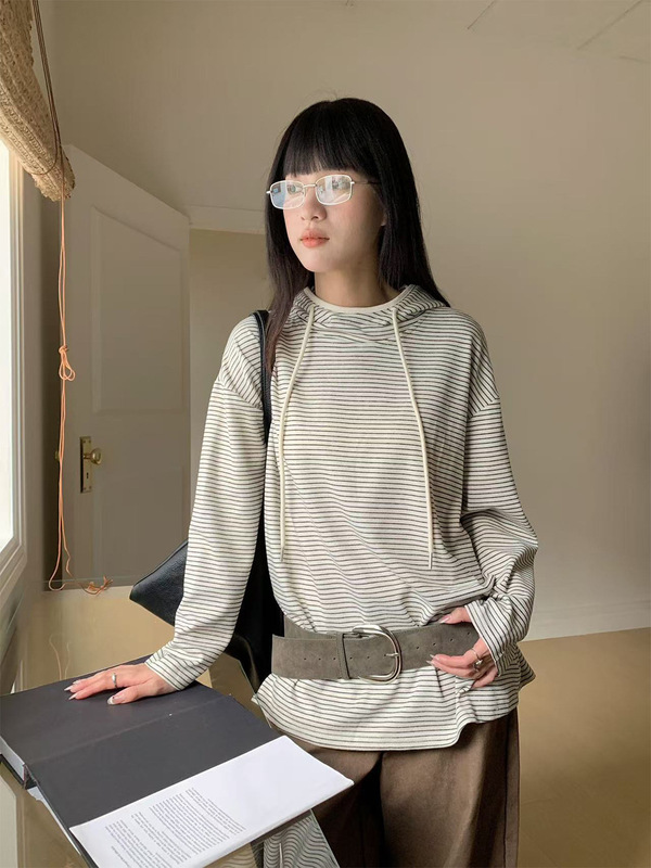 誉一新款2025秋季韩系百搭条纹连帽卫衣女宽松慵懒长袖上衣c6608|undefined
