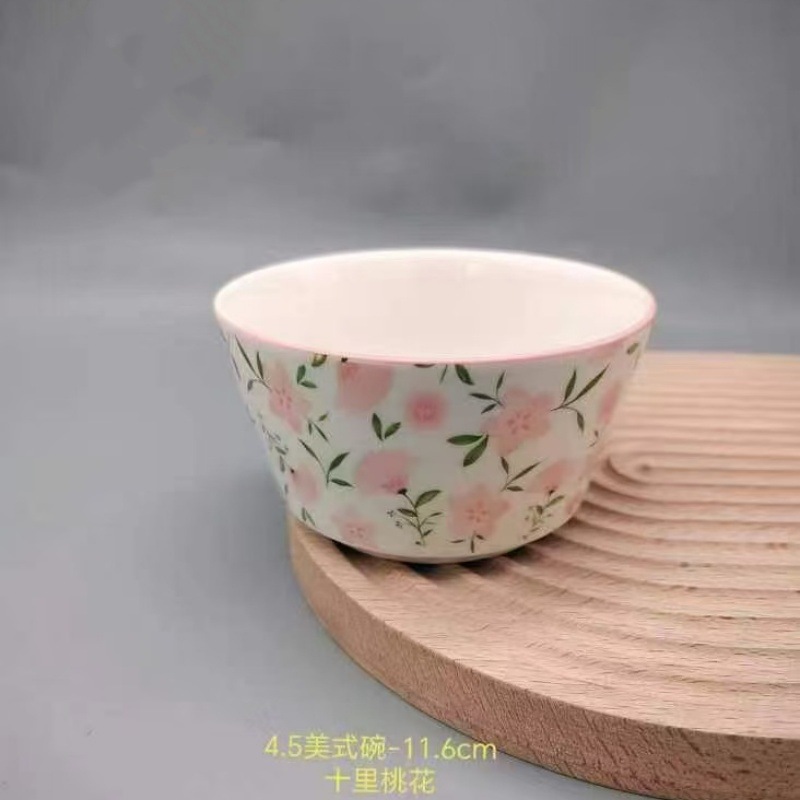 Japonés retro dibujado a mano pequeño tazón de cerámica de flores, tazón de arroz casero, tazón de fideos, tazón de sopa, platos de platos de sopa creativos en línea