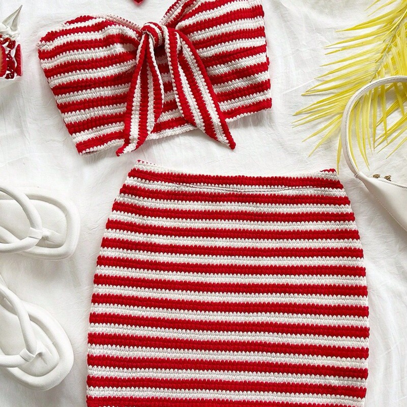 Women's Festive Vibrant Red and White Striped Corset Bow Top and Mini Skirt 2-Piece Set