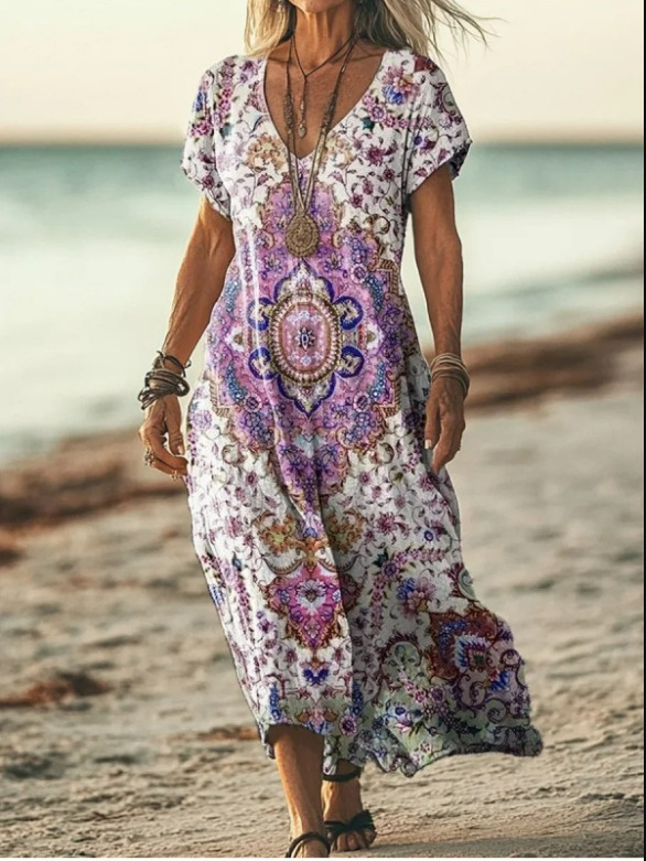 Creative Floral Women's Clothing Summer V-Neck Short-Sleeved Dress Mid-Length Dress_ecoleips.com