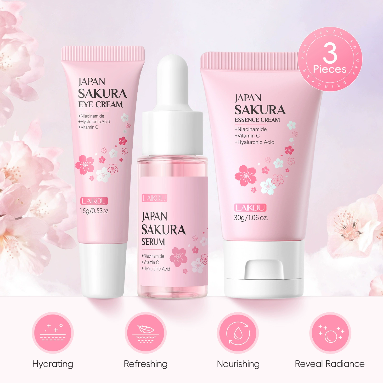 Набор ухода за кожей (Laikou Sakura) — набор из 3 средств: сыворотка, крем для глаз и увлажняющий крем, увлажняющий