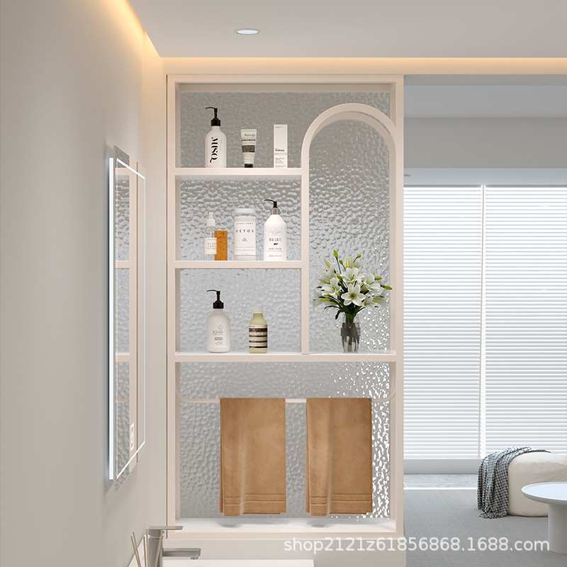 Bathroom Half-Wall Partition Screen Dry and Wet Separation Bathroom Sink Wrought Iron Stainless Steel Storage Shelf Cream Style