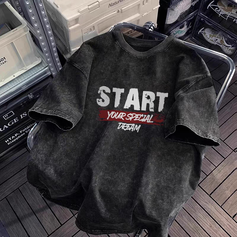 Cross-border Washed Used T-shirt Trendy Brand Pure Cotton Batik Vintage Fried Snowflake Washed Loose Short-sleeved oversiz Printing