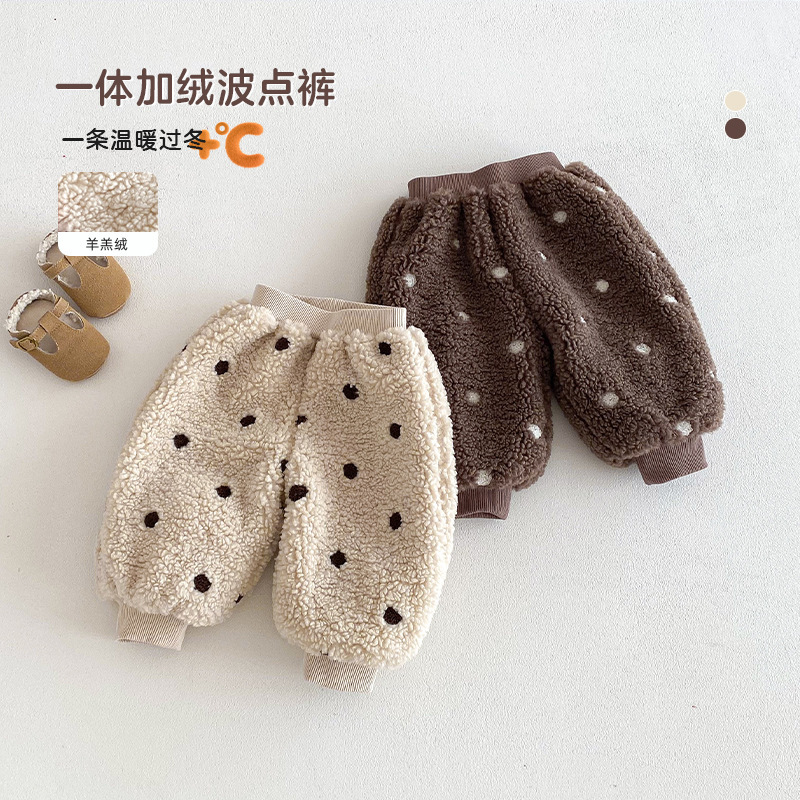 儿童波点加绒裤2025新款冬季女童韩版洋气加厚卫裤宝宝羊羔绒裤子