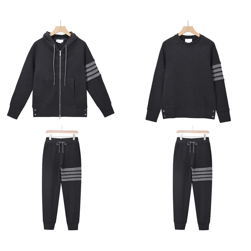 Tb Waffle Charcoal Gray Set Round-Neck Sweatshirt Zip-Up Jacket Long Pants Three-Piece Striped Set Detachable
