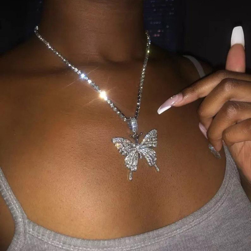 simple diamond chain creative mix full diamond butterfly pendent necklace