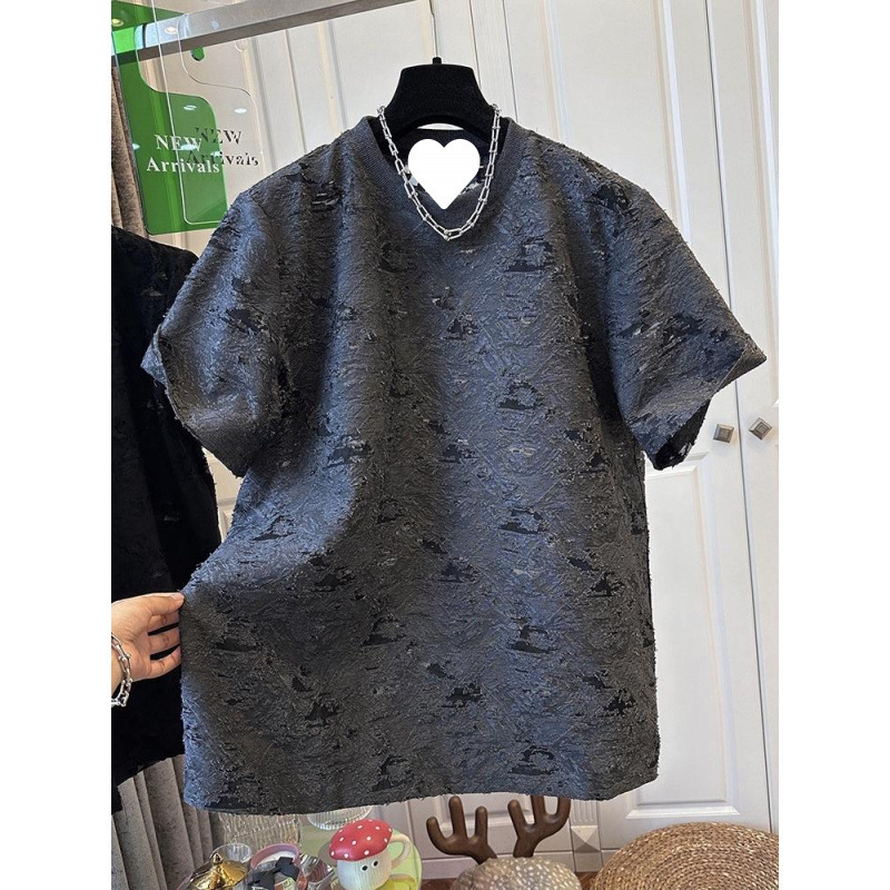 高級感黒透かし彫り穴ジャカード半袖tシャツ女性上着ファッションユニークカジュアル2025夏新作|undefined