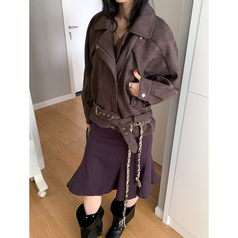 Loopin Spring New Korean-Style Suede Biker Jacket Versatile Fashionable Waist-Cinching Lapel Short Jacket