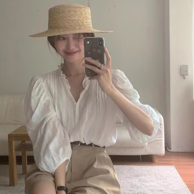 クロスボーダーのデザイン感韓国版早秋の新型甘美な木の耳元のゆったりした長袖のシャツの塩系の韓国系の婦人服|undefined
