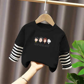 G2222#儿童纯棉t恤春秋装男女童长袖假两件休闲上衣男孩宝宝圆领