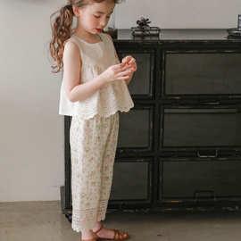女童阔腿裤夏装2022新款韩国童装儿童女孩洋气蕾丝碎花直筒休闲裤