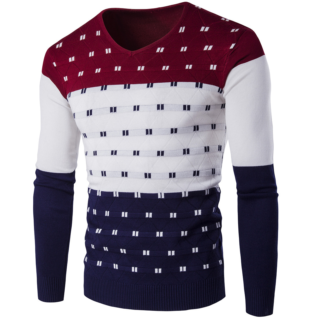 2023 autumn and winter men's color-blocked V-neck sweaters Korean style slim sweaters men's base line shirts_voghion.com