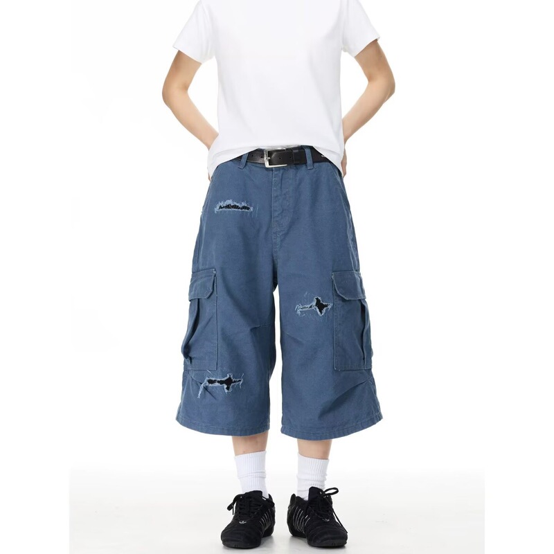 Summer Multi-Pocket Denim Heavy-Duty Washed Hip-Hop Wide-Leg Jeans Trendy Men's Plus-Size Rolled-Up Hem Cropped Pants