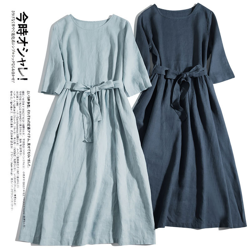 Foreign trade export day single guest supply 14 pure linen plain elegant Art round neck short sleeve belt long dress Foreign trade export day single guest supply 14 pure linen plain elegant Art round neck short sleeve belt long dress
