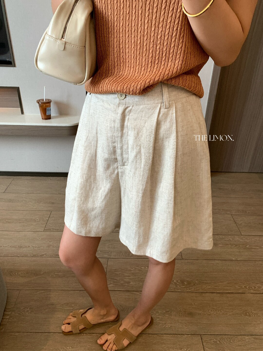 Quần short nữ cạp cao chất liệu tencel linen phối sợi, dáng suông rộng, tôn dáng, phong cách old money — màu sắc, Màu cà phê, màu trắng, Xanh da trờicolor chi tiết 12