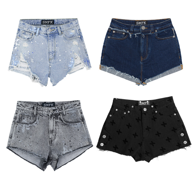 Spot SMFK Cross Flower Hand-painted Denim Shorts Star Same Style [denim Shorts Collection] Sexy Super Shorts