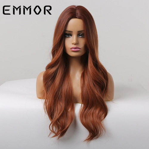 EMMOR Amazon Foreign Trade New Middle Part Long Wavy Orange-Red High-Temperature Silk Wig Full Headset Manufacturer