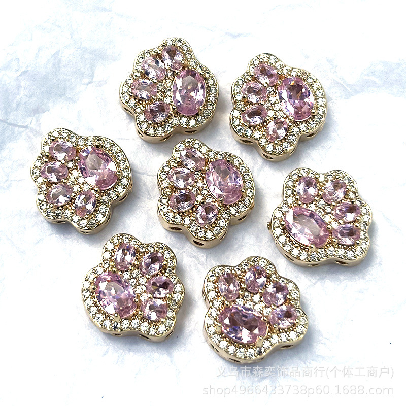 Copper inlaid with zirconium, cute three-dimensional cat paw multi-hole spacer beads, paw-shaped through-hole spacer beads for DIY crystal beaded bracelet accessories