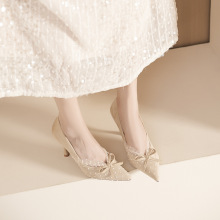 6683-2网纱蝴蝶结气质设计感复古单鞋婚宴高跟鞋女单鞋百搭舒适