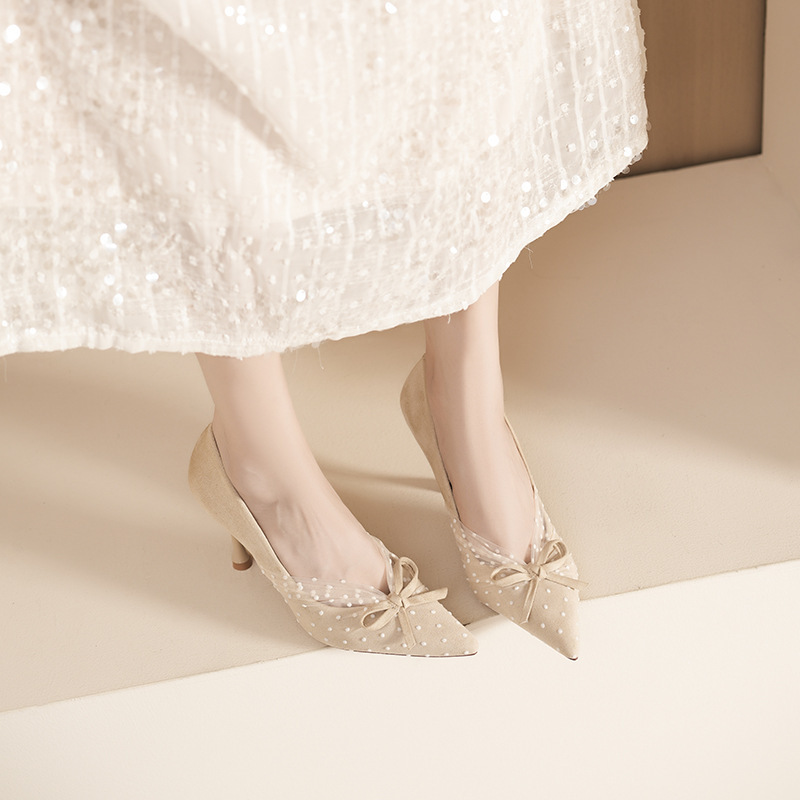 6683-2 Mesh Bow Elegant Design Retro Flats Wedding Banquet High Heels Women's Flats Versatile and Comfortable