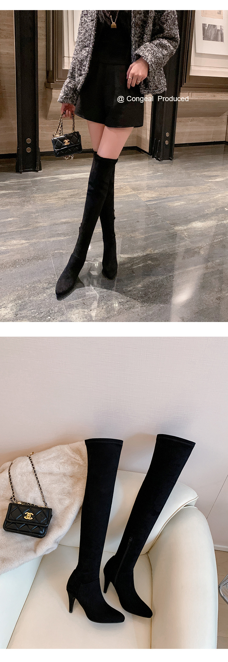 Boot nữ cổ cao trên gối mũi nhọn gót cao 9 cm chất da lộn co giãn — Lớp lót nhung tiêu chuẩn màu đen trên đầu gối, Lớp lót nhung lớn màu mơ trên đầu gối, Giày bốt cao cấp lót nhung tiêu chuẩn màu mơ, Lớp lót nhung đen trên đầu gối chi tiết 22