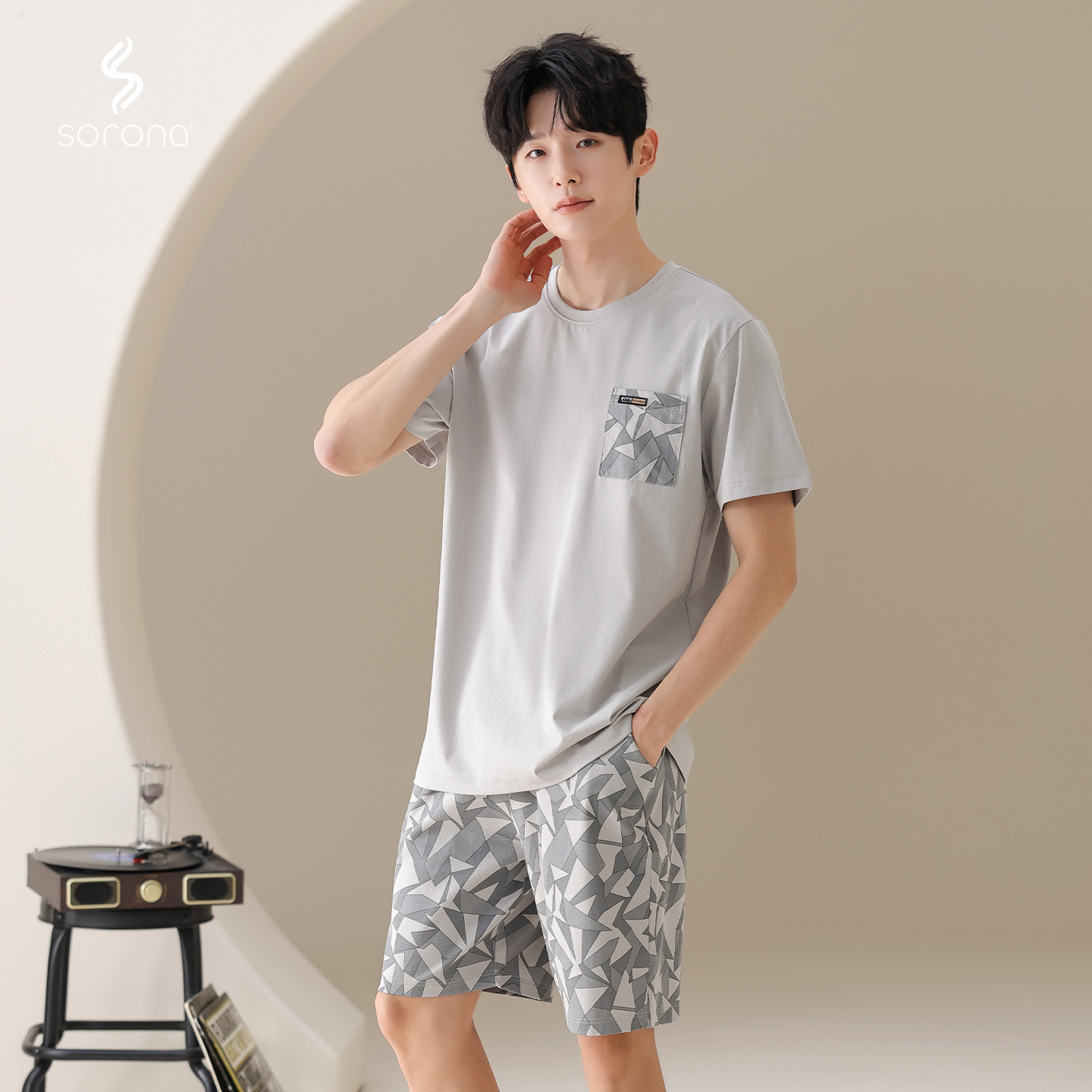 시원한 느낌의 솔로나 남성용 여름 잠옷, 얇은 반팔 반바지, 해변 스타일, 외출복으로도 착용 가능, 7a 항균 남성 홈웨어