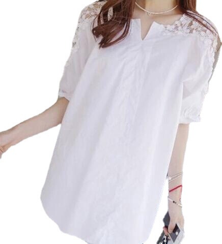 Summer New Short Sleeve Hooded Long-Sleeve Shirt Plus Size Fat Women Plus Size Women Lace Splicing White Collared Shirt