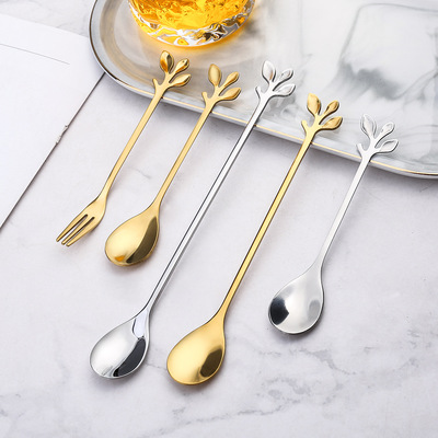 D不锈钢小勺子礼品勺 花形金色树叶搅拌咖啡勺创意甜品树枝水果叉|ms