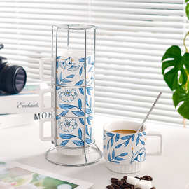 蓝色陶瓷叠杯马克杯咖啡杯套装杯架高级感四件套家用礼白瓷ins风