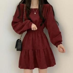 European and American Style Square Collar Slim Pleated Korean Style Girl's Age-reducing Loose High Waist Retro Small Man Street dress