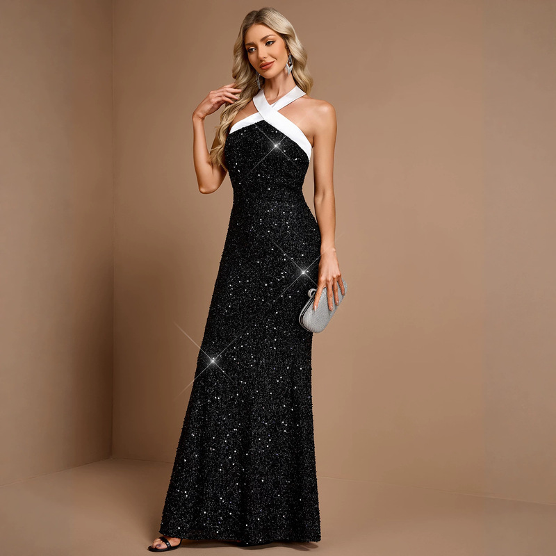 27 Cross-border black long dress, straight-cut, with crisscross straps at the back, sequined, elegant, suitable for work or evening wear, solid color with patchwork details 27 Cross-border black long dress, straight-cut, with crisscross straps at the back, sequined, elegant, suitable for work or evening wear, solid color with patchwork details