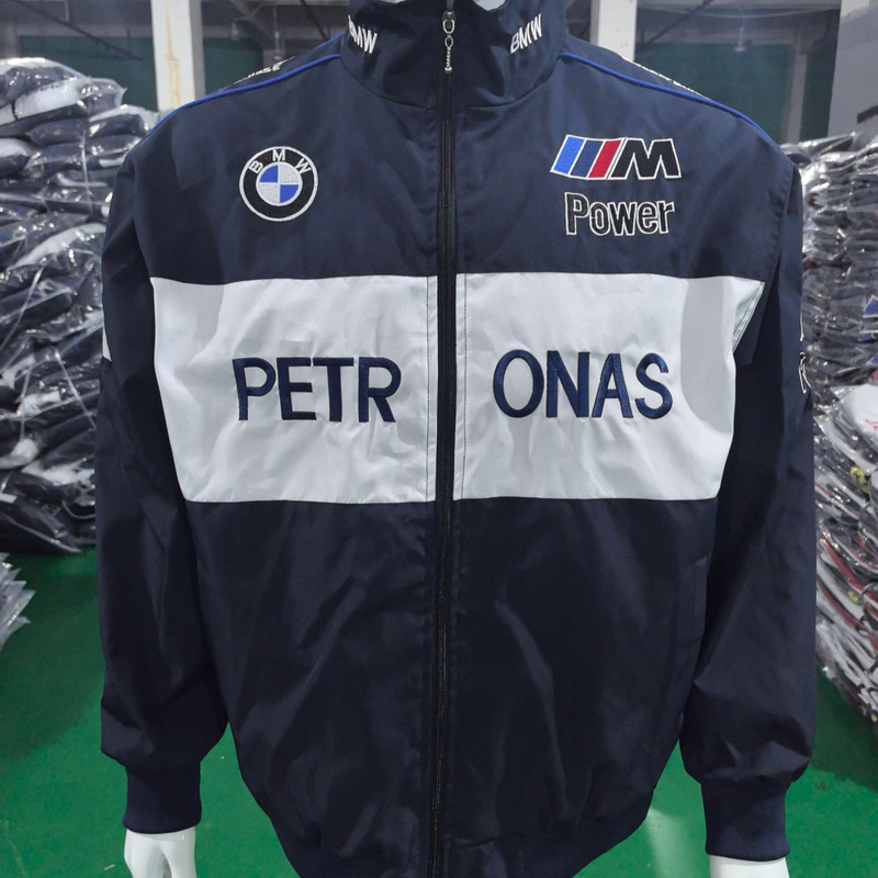 Navy blue and white motorcycle jacket with BMW embroidery, stand-up collar, loose fit, casual style
