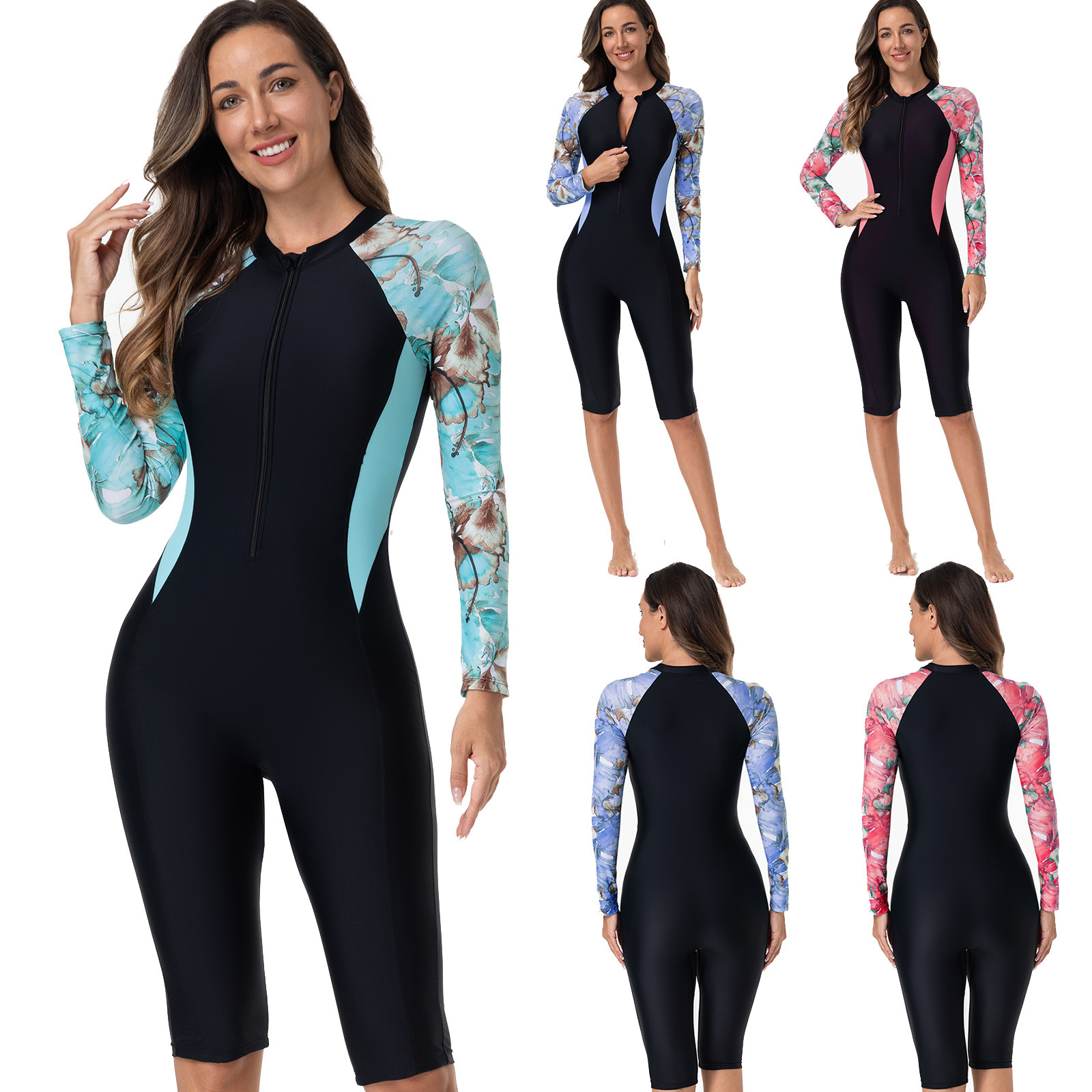 European and American one-piece foreign trade Amazon swimming boxer diving long sleeve printing Middle East conservative slim zipper swimsuit for women