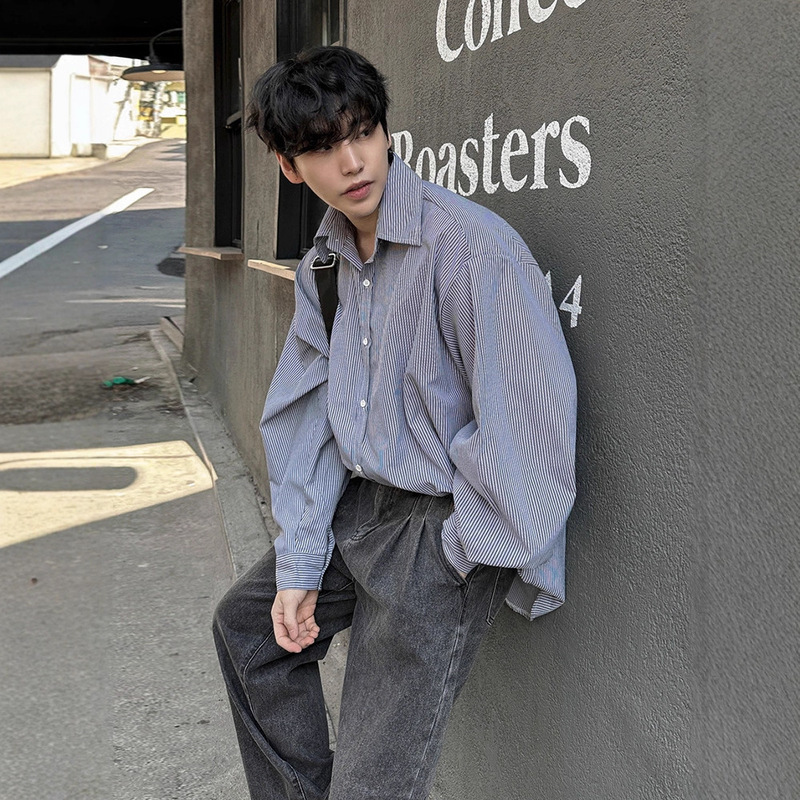 Cross-Border Foreign Trade Japanese-Style Striped Casual Shirt for Men, Autumn Loose Long-Sleeve Shirt, Korean Version Trendy Turn-Down Collar Top Cross-Border Foreign Trade Japanese-Style Striped Casual Shirt for Men, Autumn Loose Long-Sleeve Shirt, Korean Version Trendy Turn-Down Collar Top