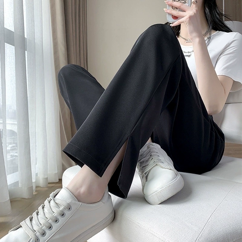 Широкие летние брюки в корейском стиле 2025 года, свободные, больших размеров, с разрезом, для студенток, универсальные, стройнящие, прямые, укороченные.