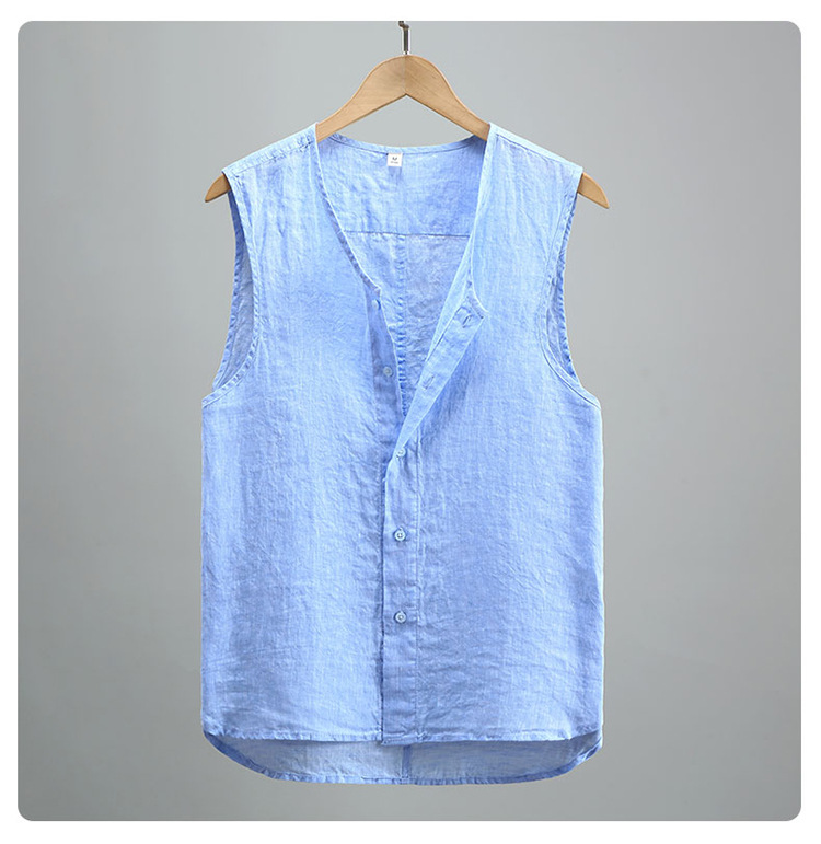 Gilet d'été en lin uni pour jeunes hommes, Style chinois, sans manches, en lin lavé, bouton fin respirant_voghion.com