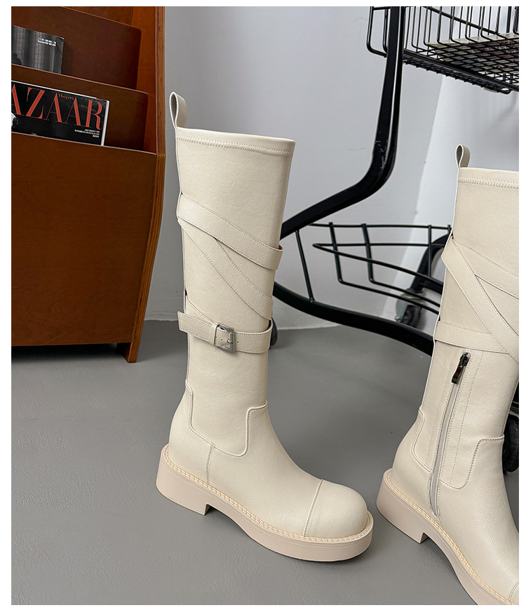 Boot nữ mũi tròn cao gót đế dày phong cách hiệp sĩ có khóa thắt lưng — Lớp lót nhung đen chi tiết 20