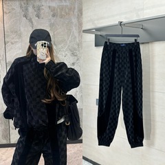 天井品質25SVチェッカーボード柄文字入り植毛ジャカードジャケットスーツパンツ男女兼用香港風トレンド